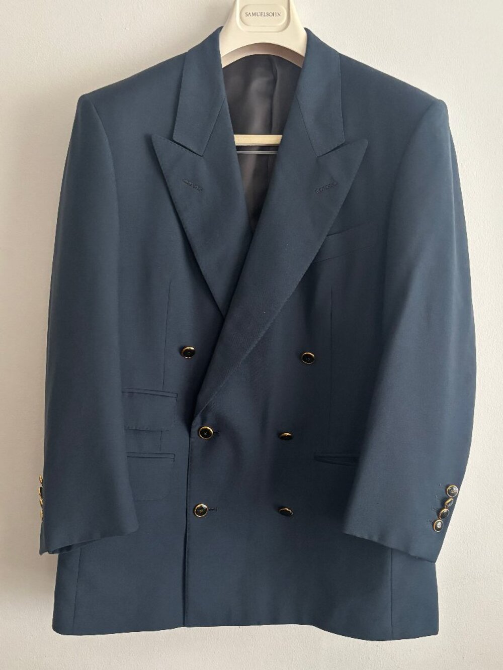 $3000 Vintage Dunhill Navy Wool Peak Lapel Double Breasted Blazer - 40 Short